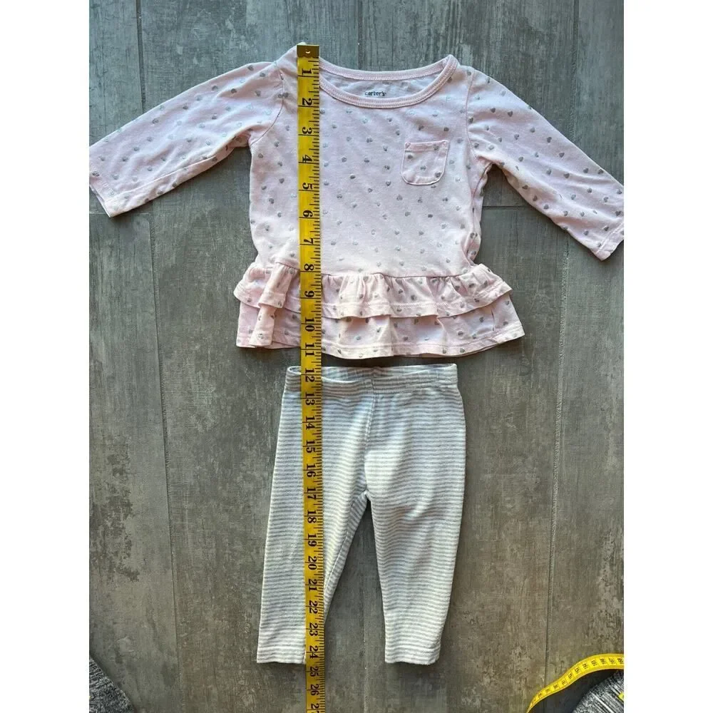 Baby Girl Pink Silver Heart Babydoll Top & Legging 2 Piece Outfit Set Cotton 6m - Picture 7 of 8